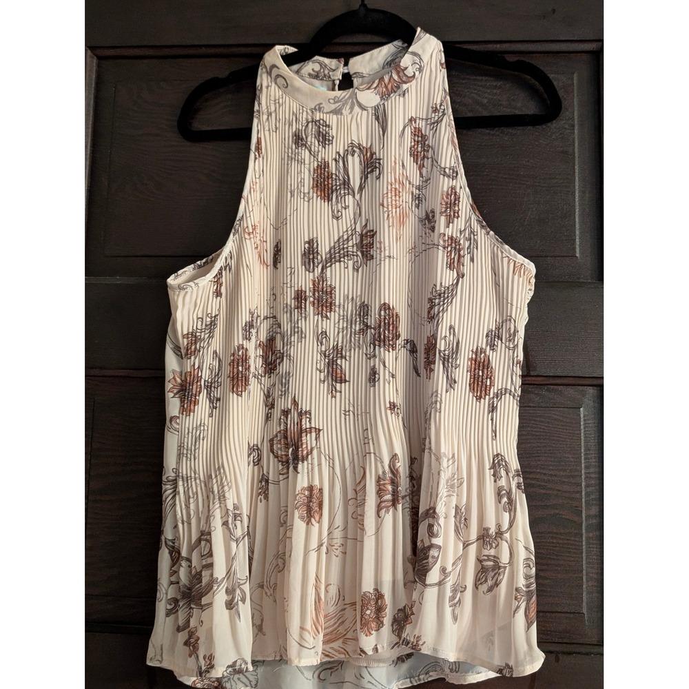 Maurices Floral Pleated Halter Top Cream Brown Sleeveless Blouse Medium